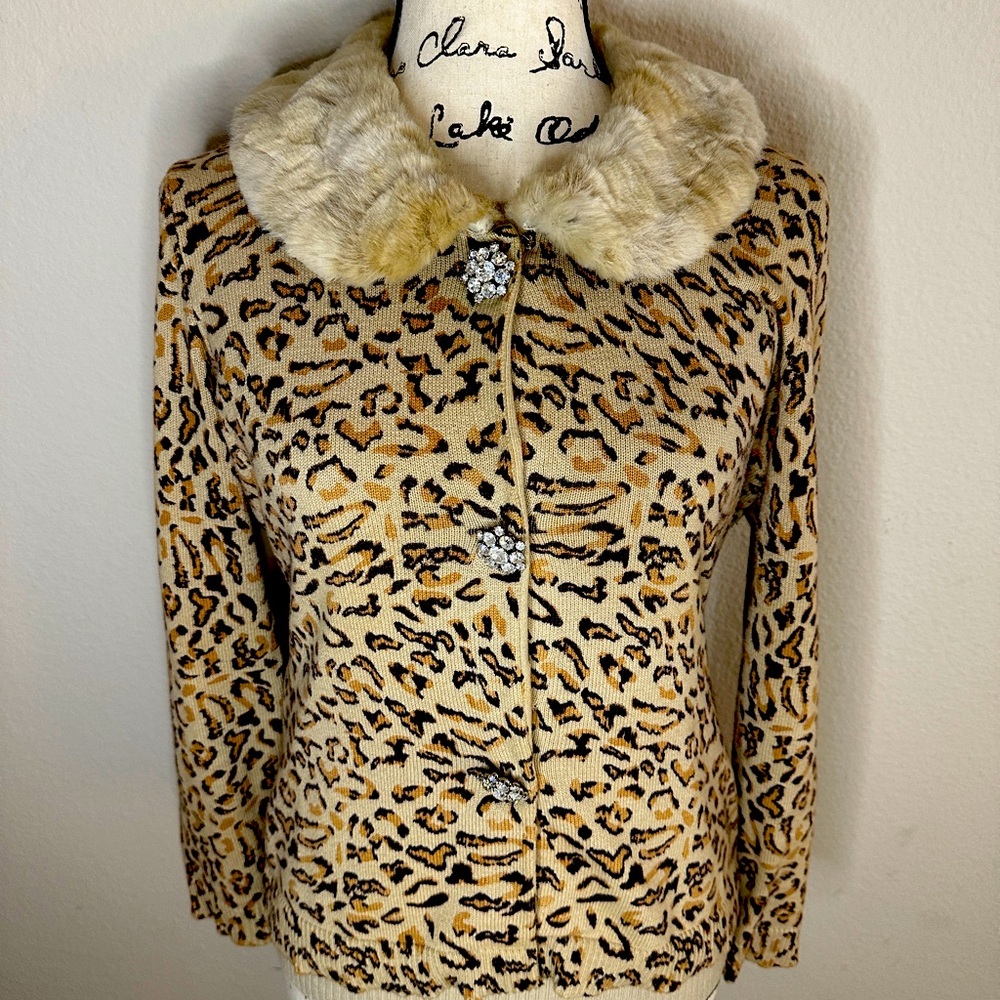 Tracy Reese Animal Print Cardigan w/ Faux Fur Collar and Jeweled Buttons